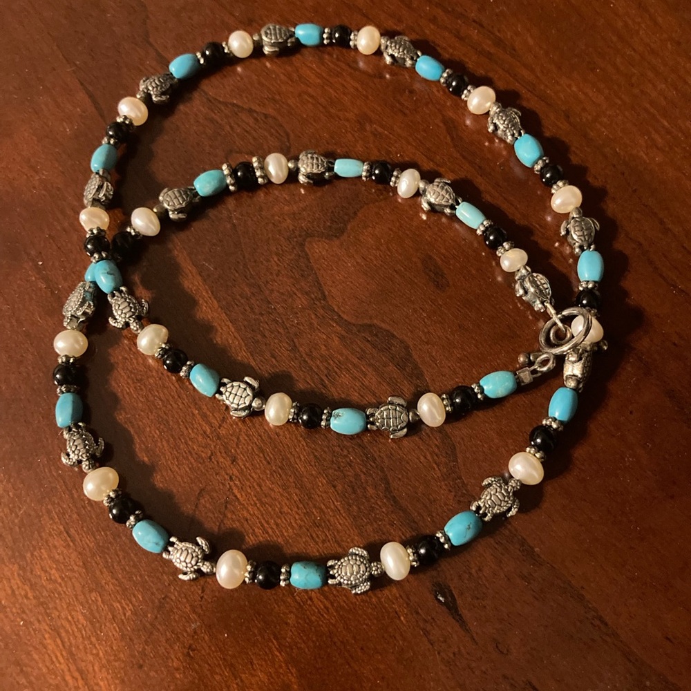 Turquoise and Black Beaded Necklace with Turtle Accents
